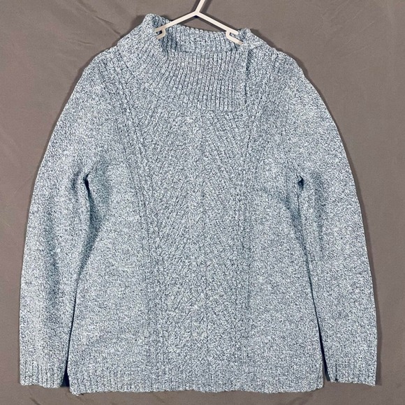 Talbots Sweaters - Talbots Womens Medium Blue White Marled Cotton Cable Knit Funnel Neck Sweater